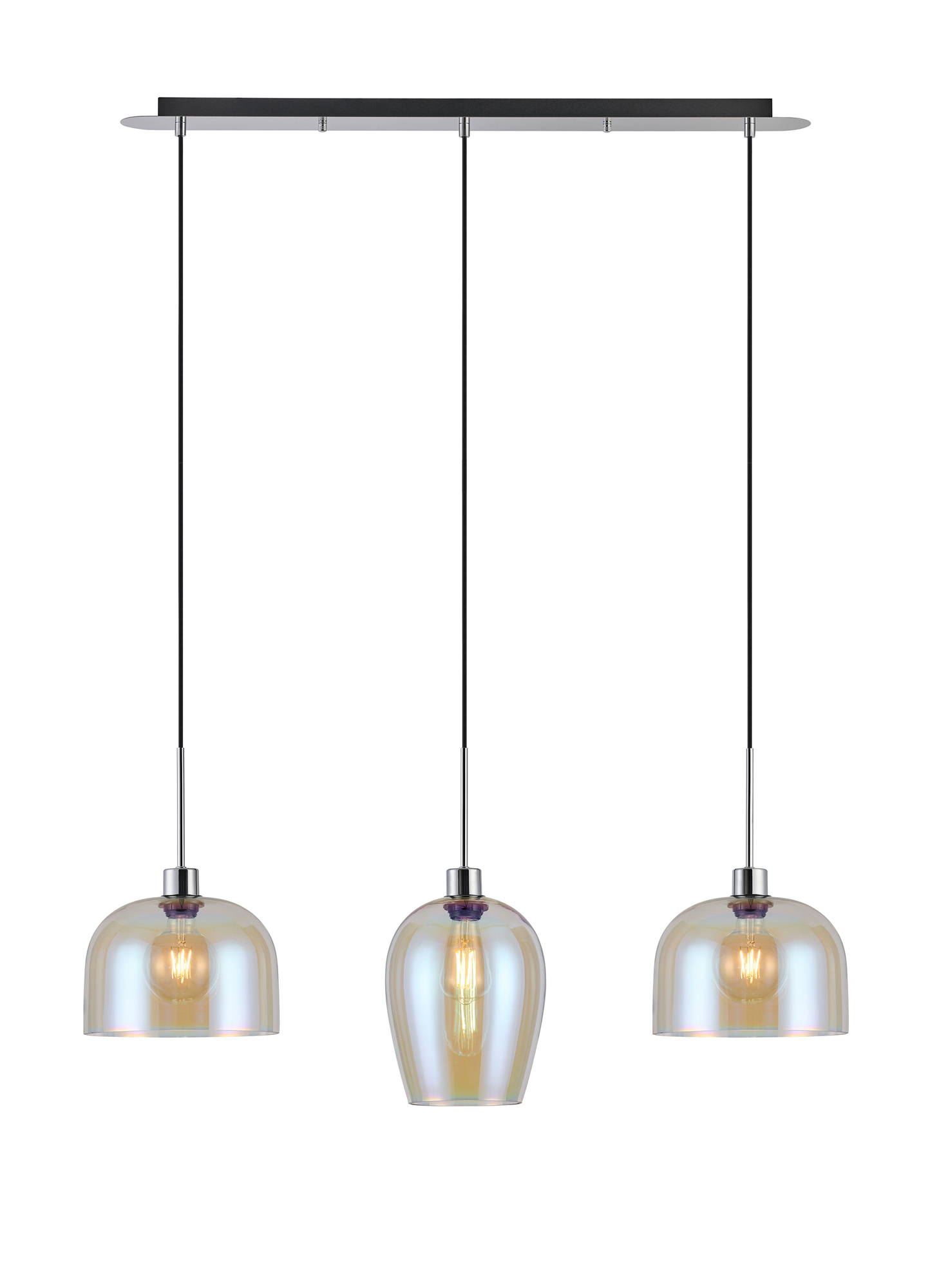 DK1312  Lori Linear Pendant, 3 Light Adjustable E27, Polished Chrome/Iridescent Wine Cloche Shades